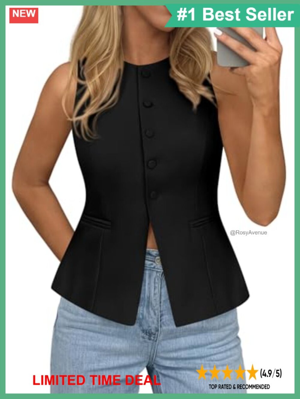 Button Down Waistcoat Vest Tailored Business Casual 5-Button Split Hem